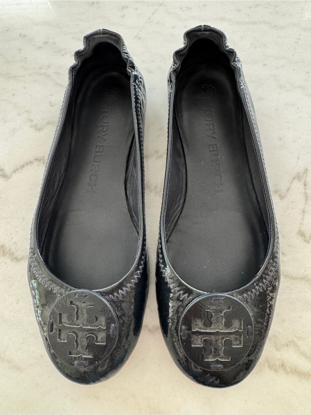 Tory Burch Black Patent Logo Round-Toe Ballet Flats